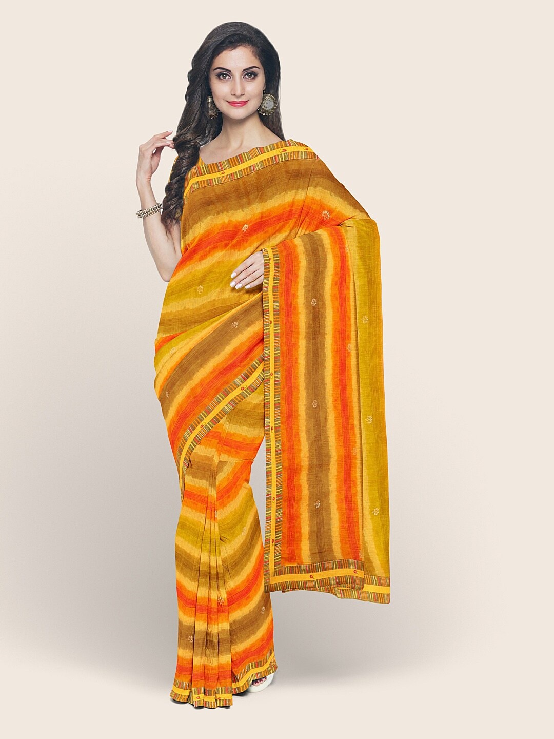 

Pothys Mustard & Red Striped Poly Chiffon Saree