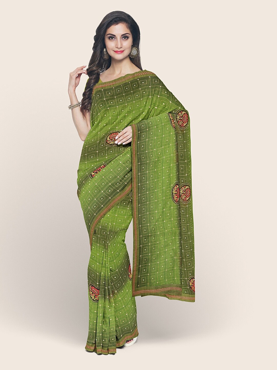 

Pothys Green & Red Ethnic Motifs Saree