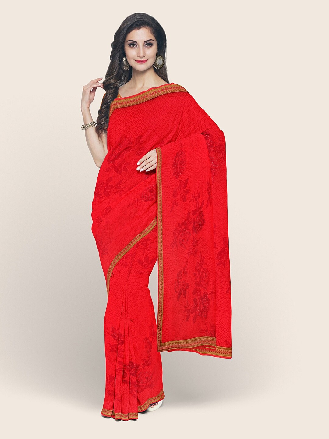 

Pothys Red Floral Printed Beads and Stones Poly Chiffon Saree