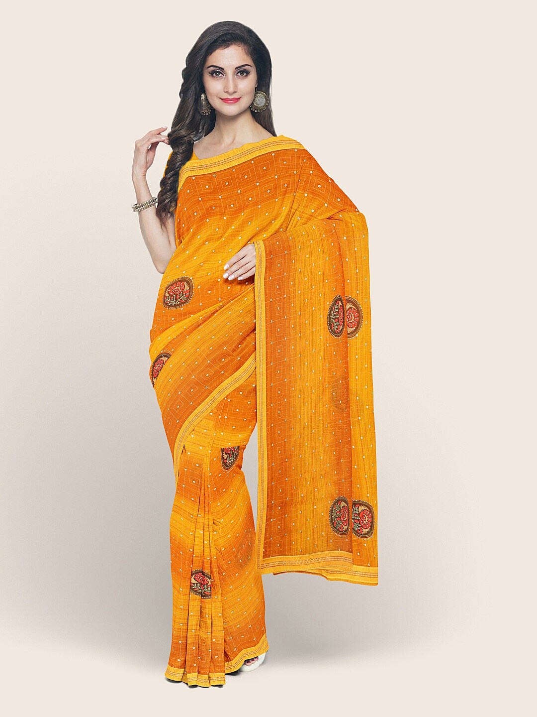 

Pothys Mustard & Red Ethnic Motifs Printed Saree