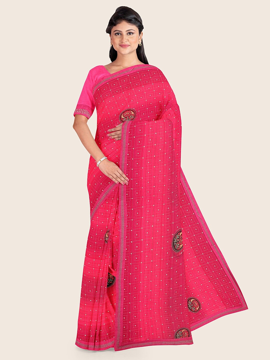 

Pothys Pink Abstract Printed Poly Chiffon Saree