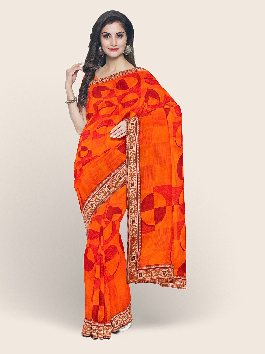 

Pothys Orange & Gold-Toned Abstract Printed Poly Chiffon Saree