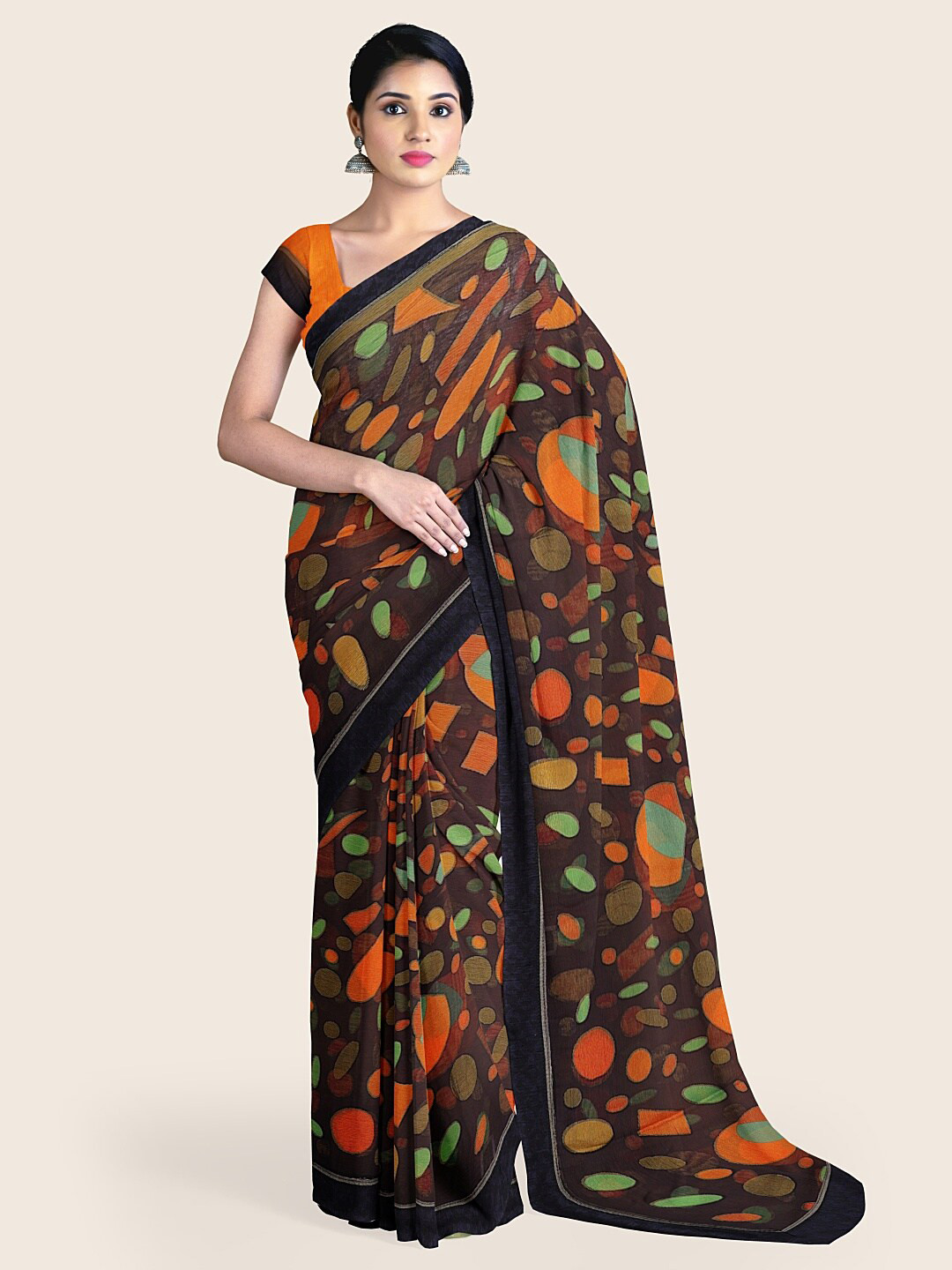 

Pothys Black & Orange Geometric Printed Saree
