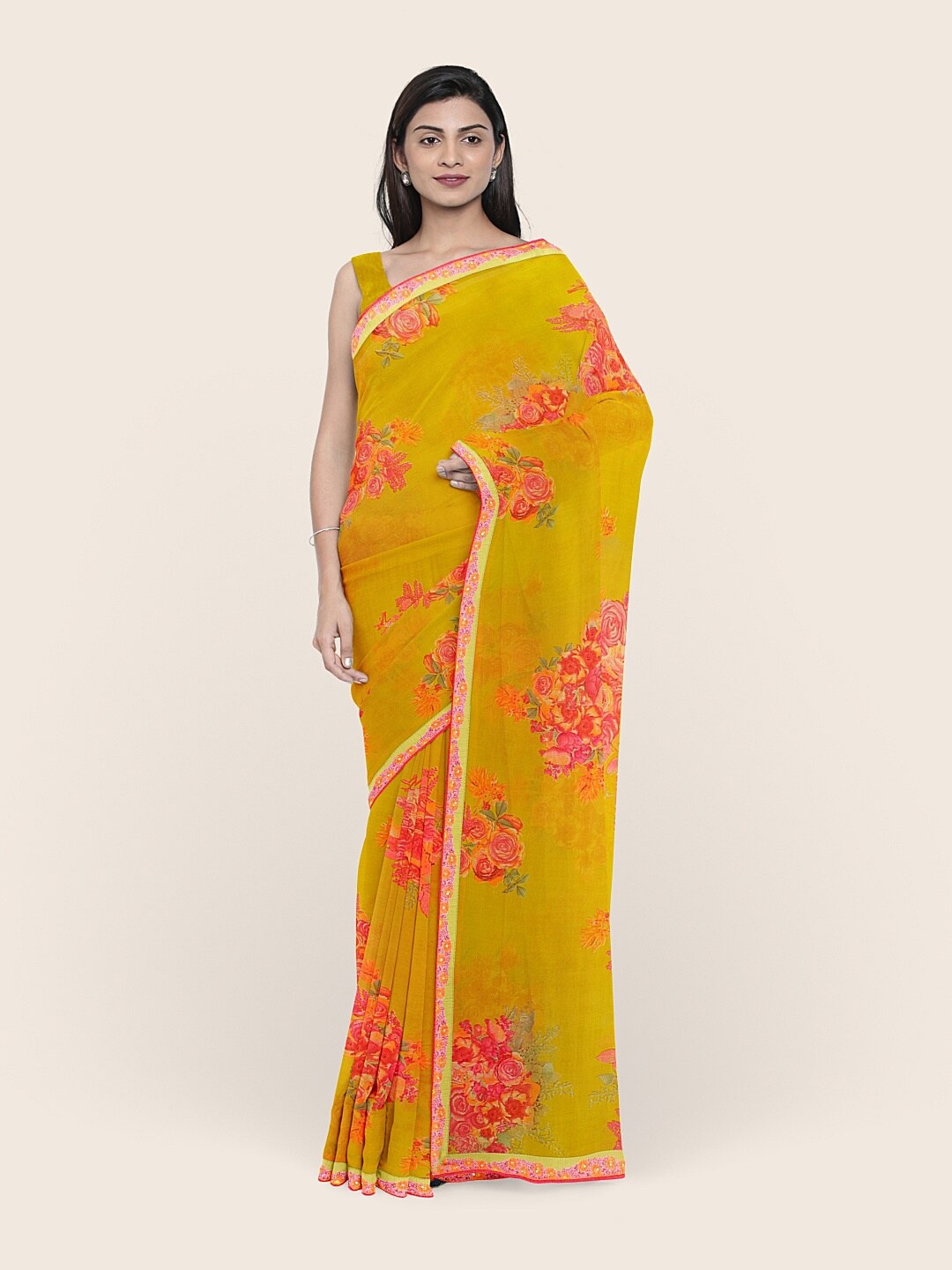 

Pothys Mustard & Green Floral Saree