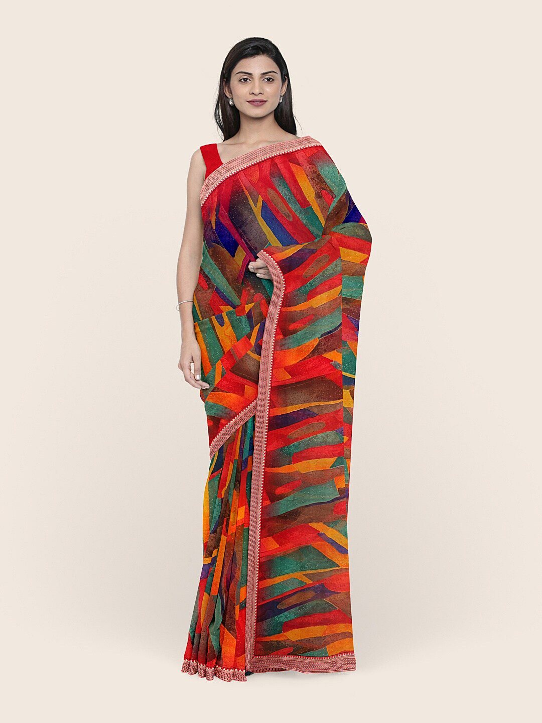 

Pothys Red & Green Abstract Printed Chiffon Saree