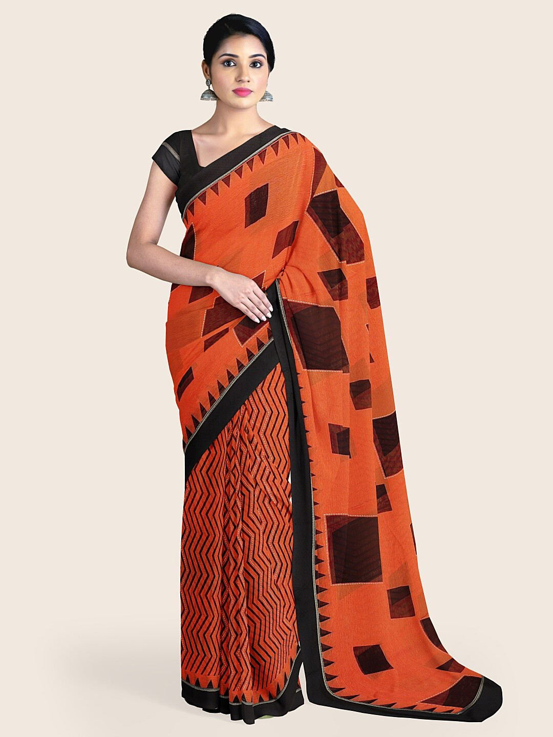 

Pothys Rust & Black Printed Saree