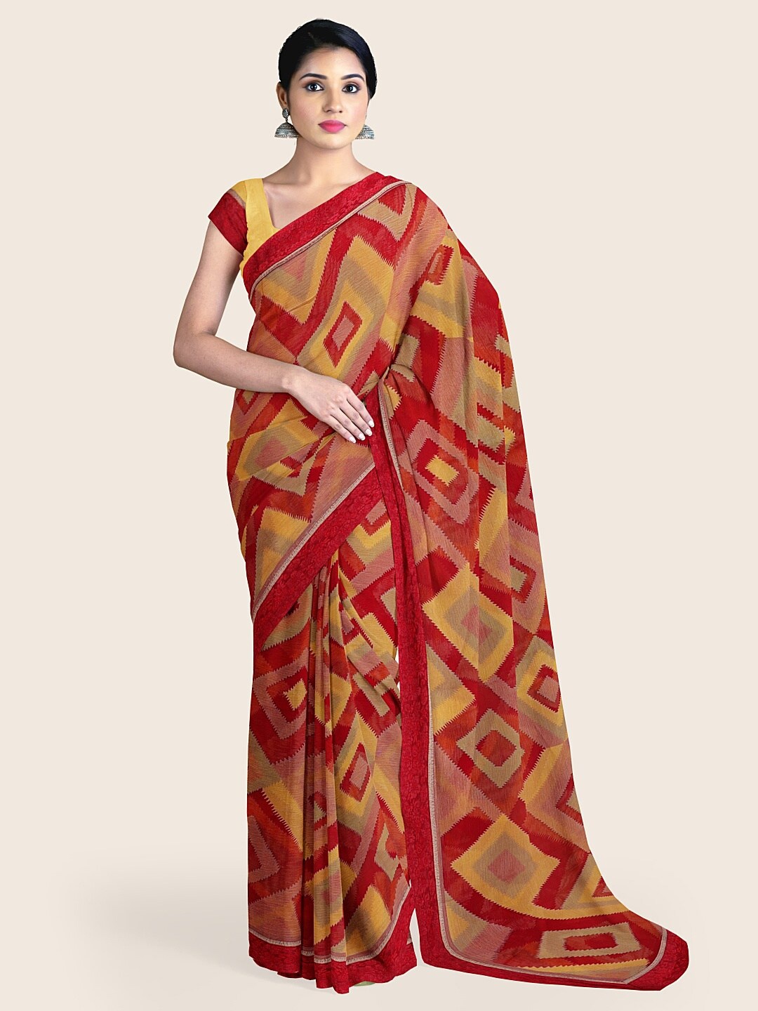 

Pothys Maroon & Yellow Geometric Printed Saree