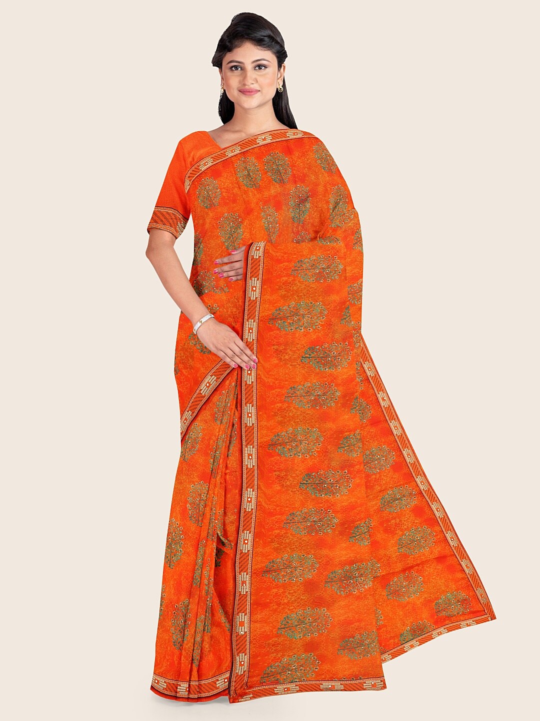 

Pothys Orange & Green Floral Printed Saree