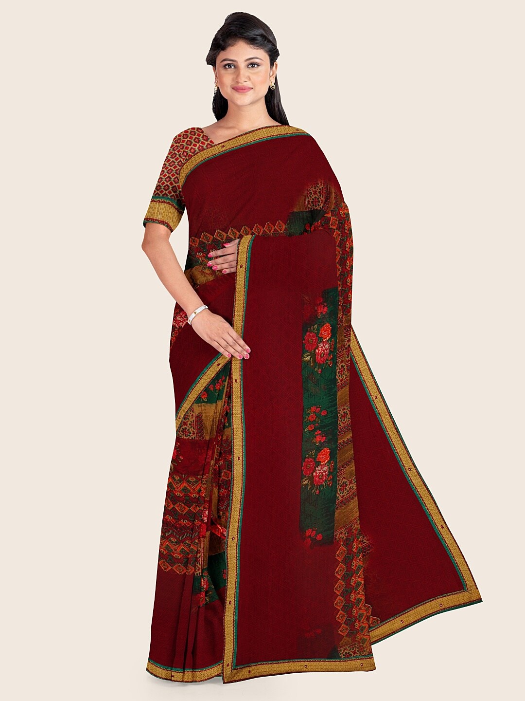 

Pothys Maroon & Green Floral Printed Saree