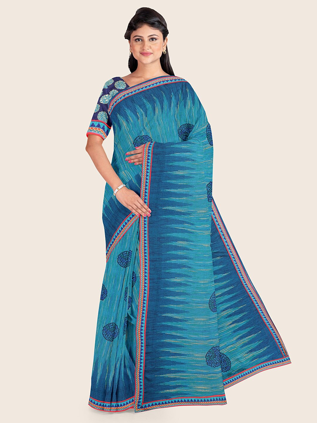 

Pothys Blue & Yellow Printed Saree