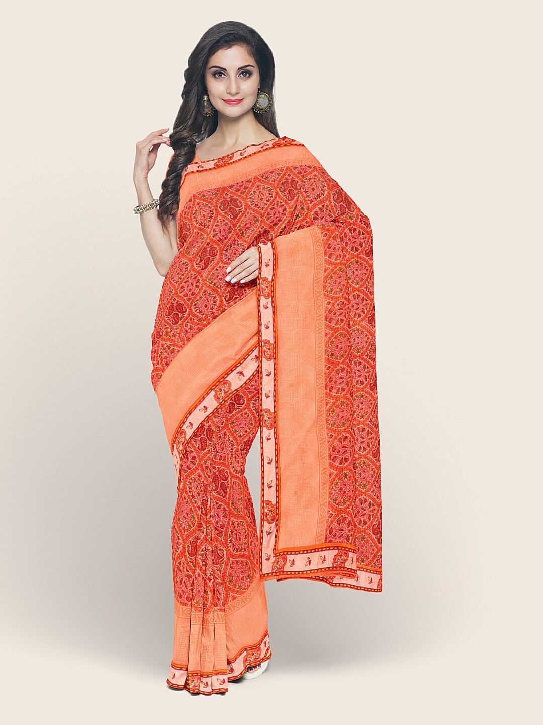 

Pothys Peach-Coloured Ethnic Motifs Printed Saree