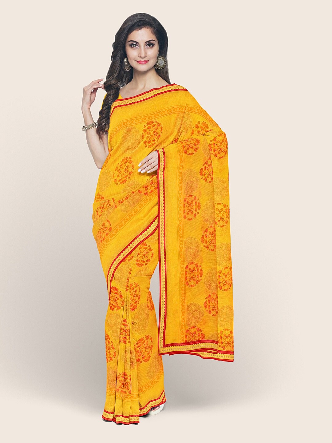 

Pothys Yellow & Red Ethnic Motifs Chiffon Saree