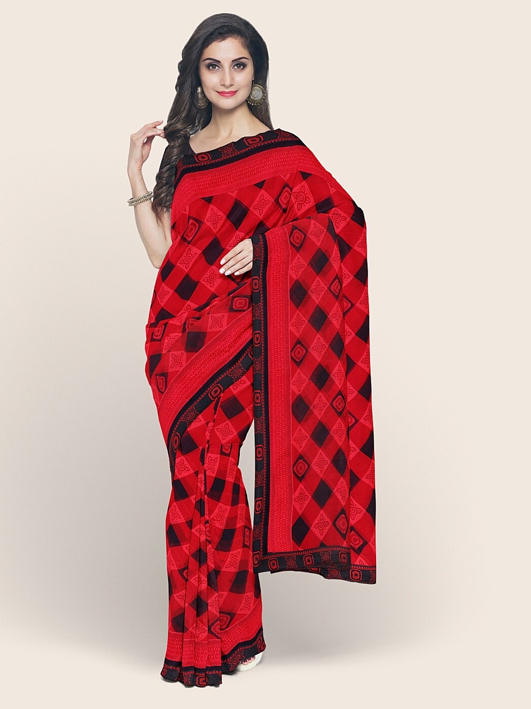 

Pothys Red & Black Checked Printed Poly Chiffon Saree