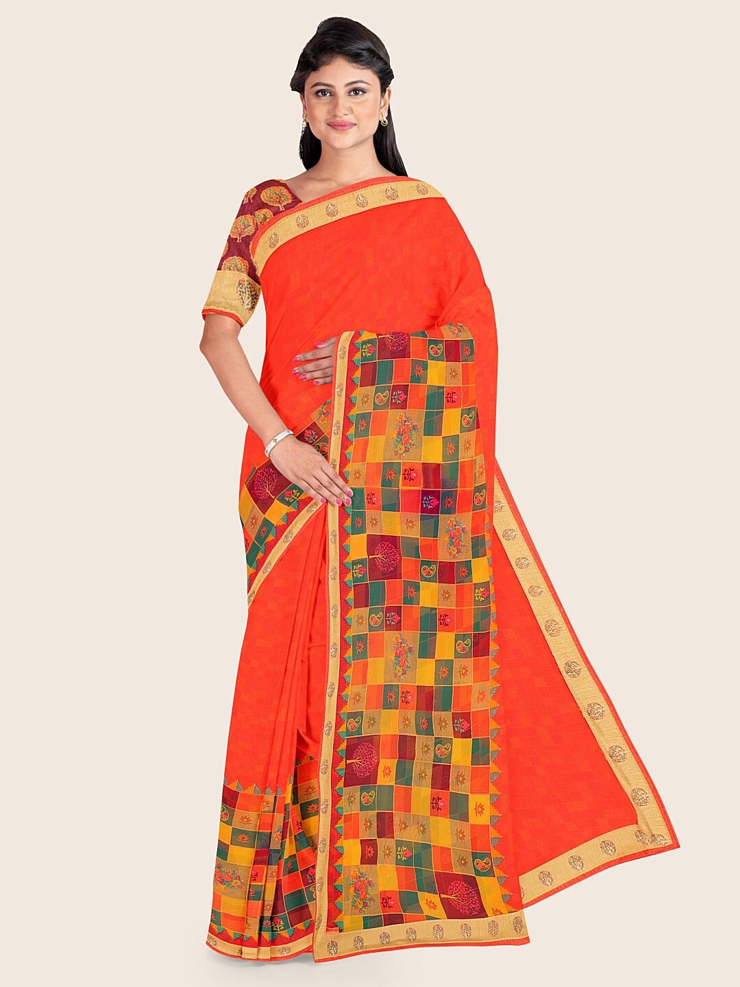 

Pothys Orange & Green Abstract Printed Saree