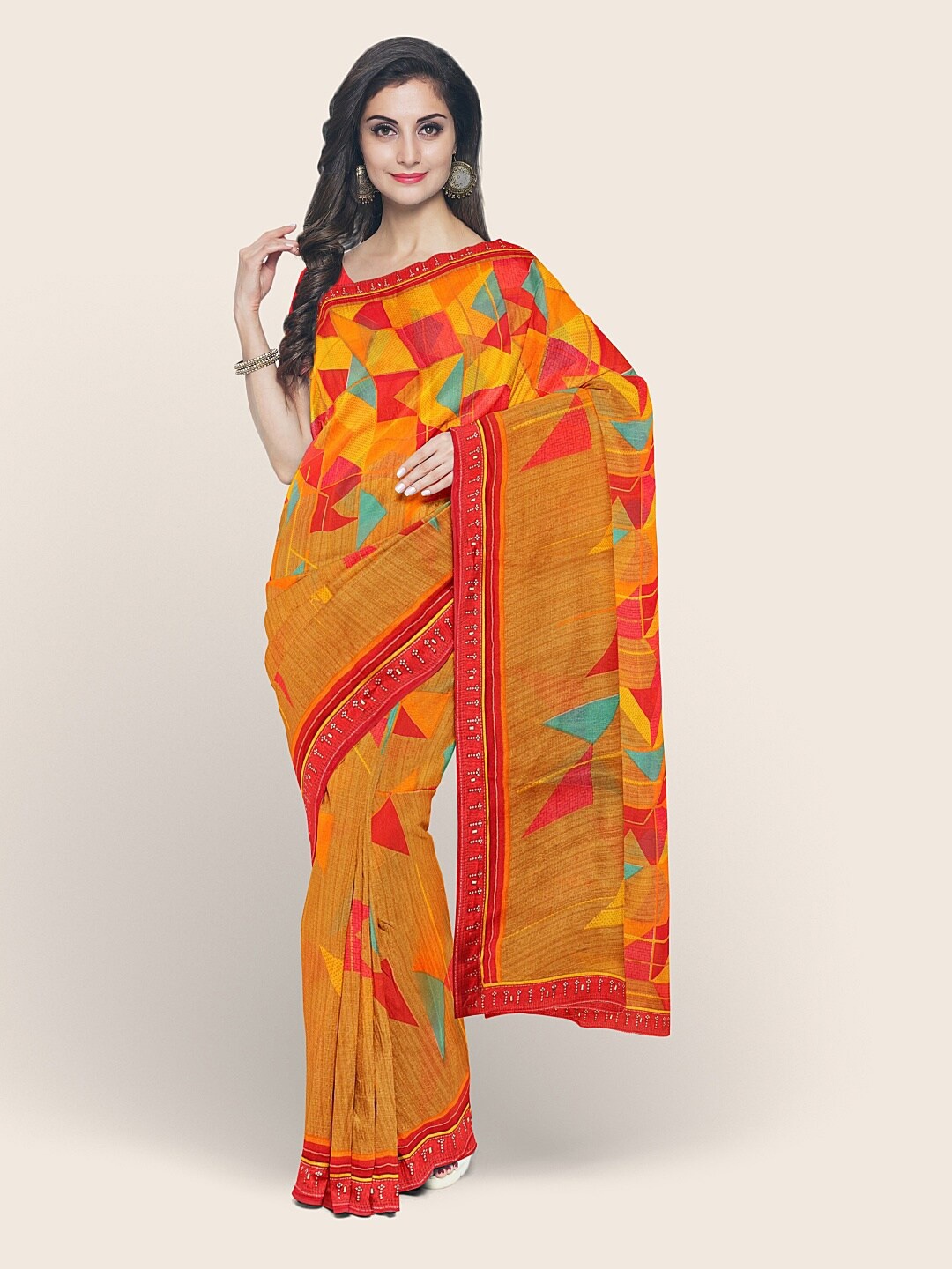 

Pothys Brown & Orange Geometric Printed Saree