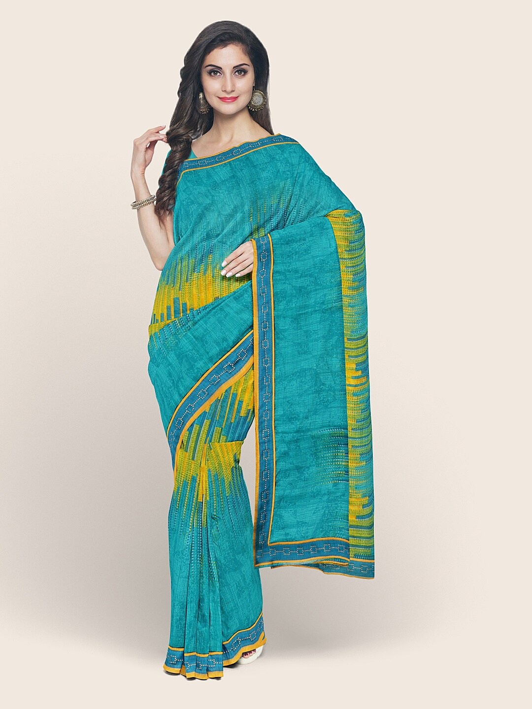 

Pothys Blue & Yellow Printed Poly Chiffon Saree