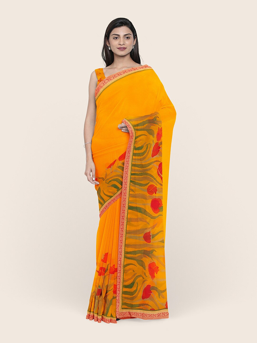 

Pothys Mustard & Red Floral Printed Jute Silk Saree