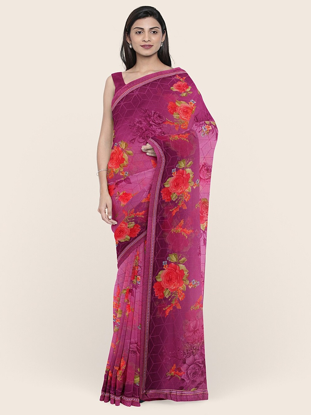 

Pothys Violet & Red Floral Printed Poly Chiffon Saree