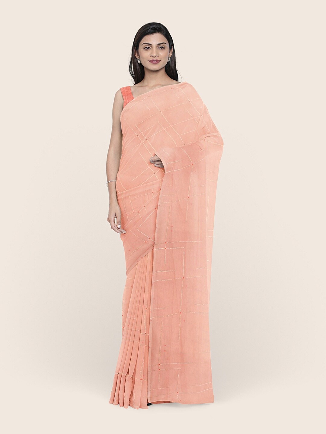 

Pothys Peach-Coloured Checked Saree