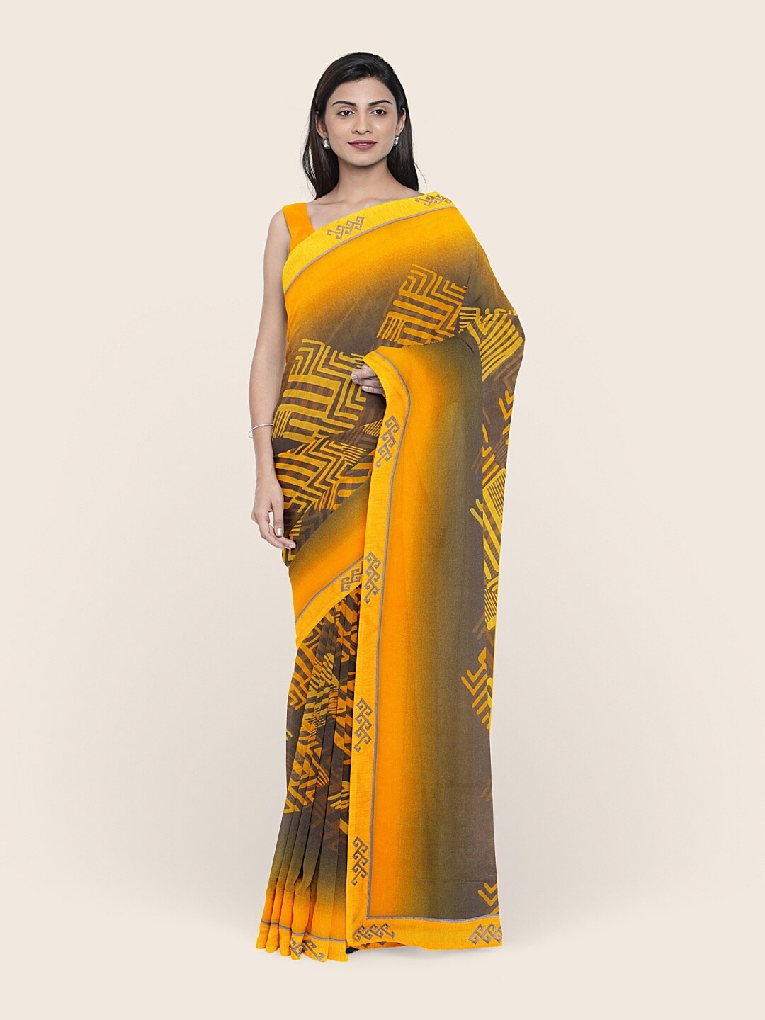 

Pothys Grey & Yellow Geometric Printed Saree