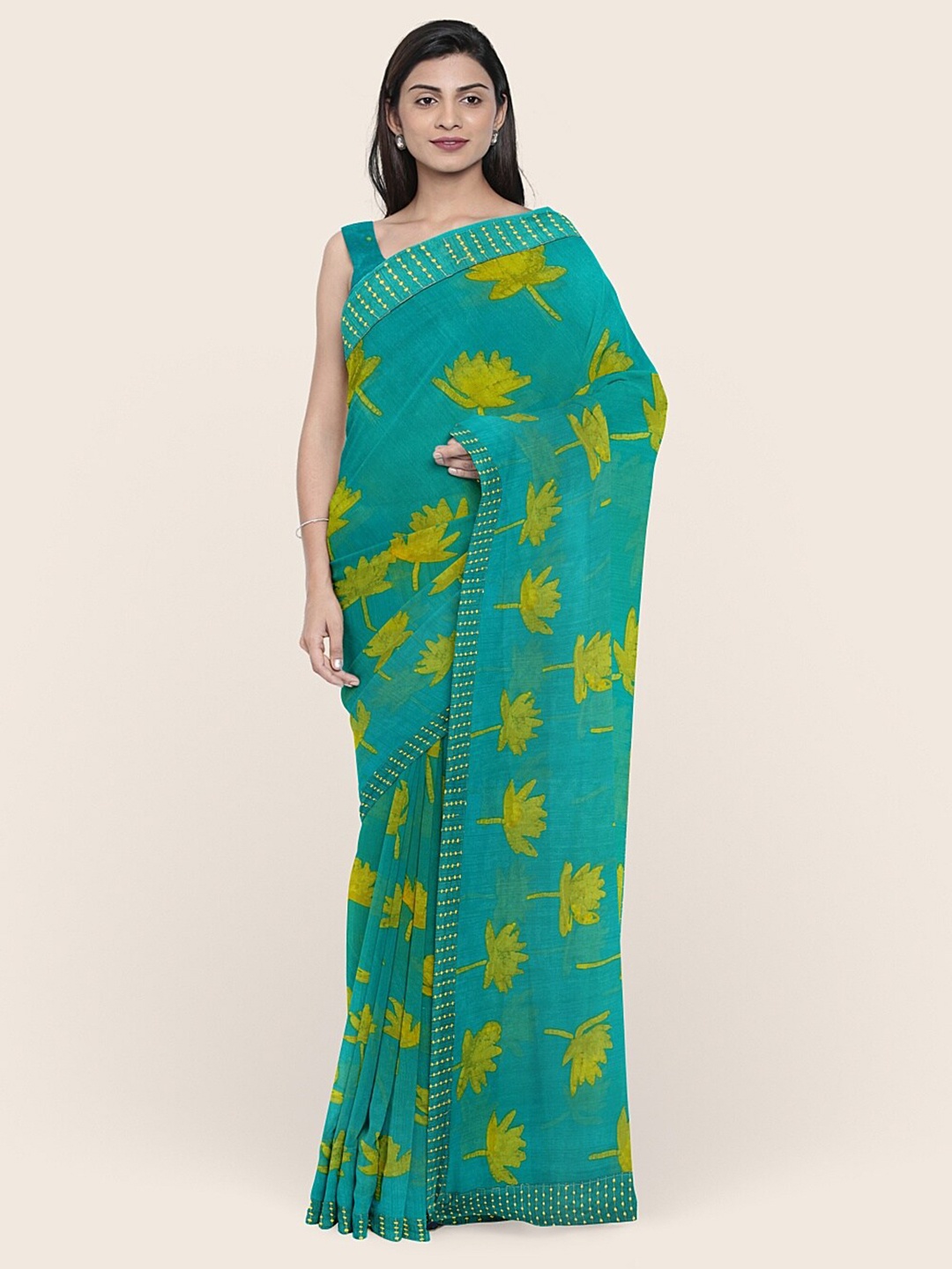 

Pothys Green & Yellow Floral Saree