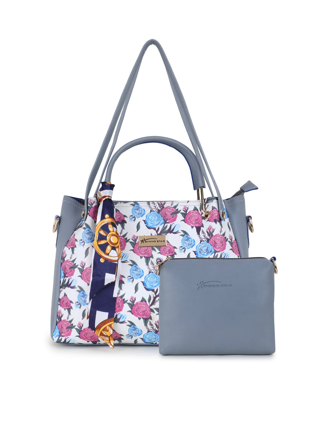 

SHINING STAR Grey Floral Printed PU Structured Handheld Bag