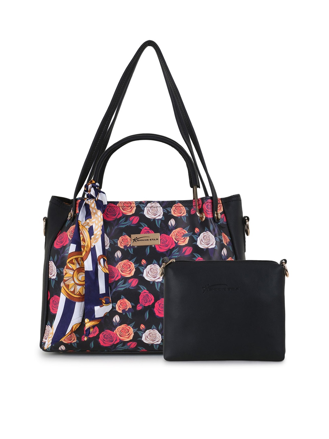 

SHINING STAR Black Floral Printed PU Shopper Handheld Bag with Fringed