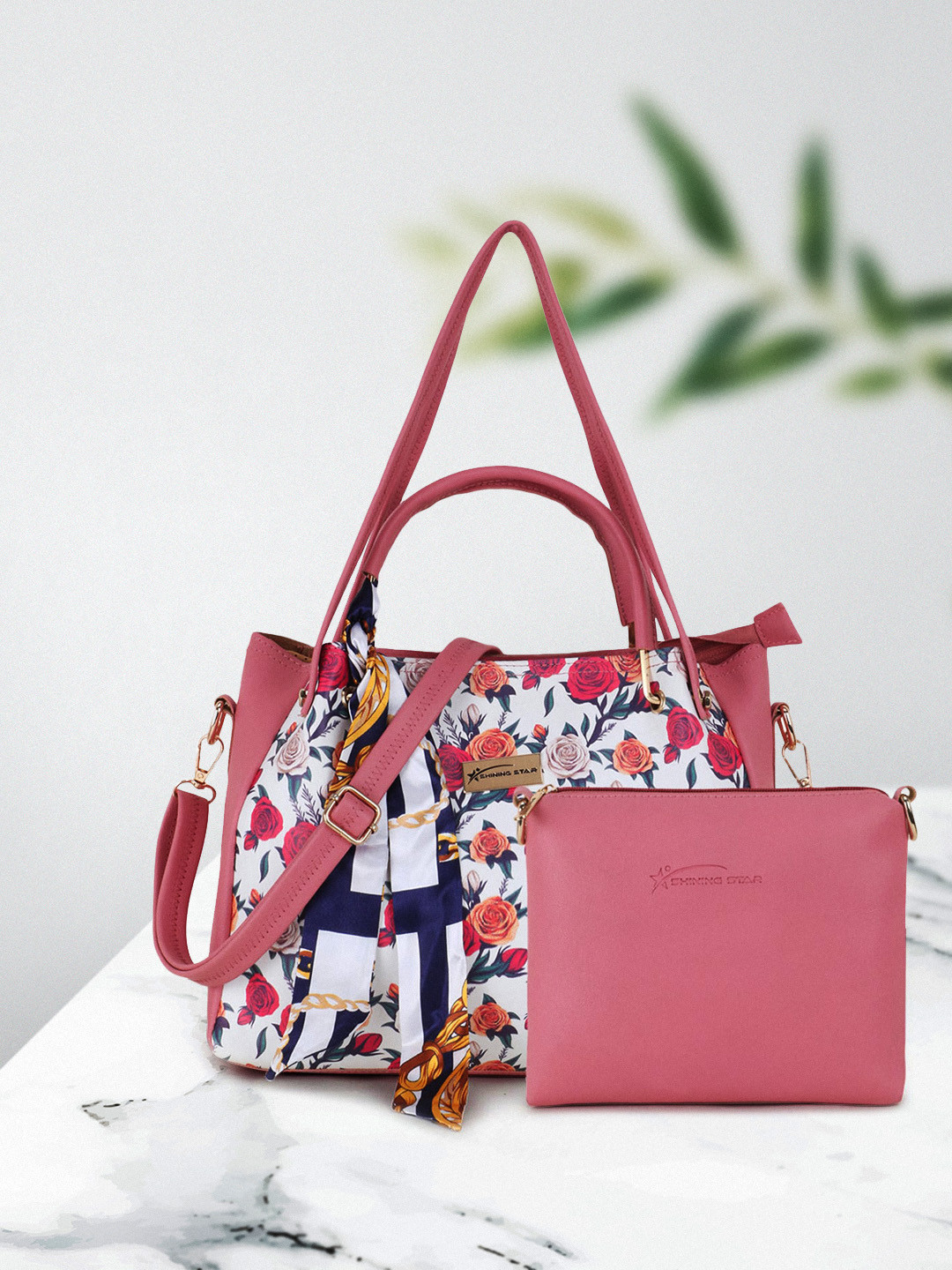 

SHINING STAR Peach-Coloured Floral Printed PU Shopper Shoulder Bag