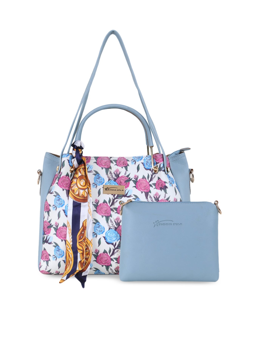 

SHINING STAR Blue Floral Printed PU Shopper Handheld Bag With Pouch
