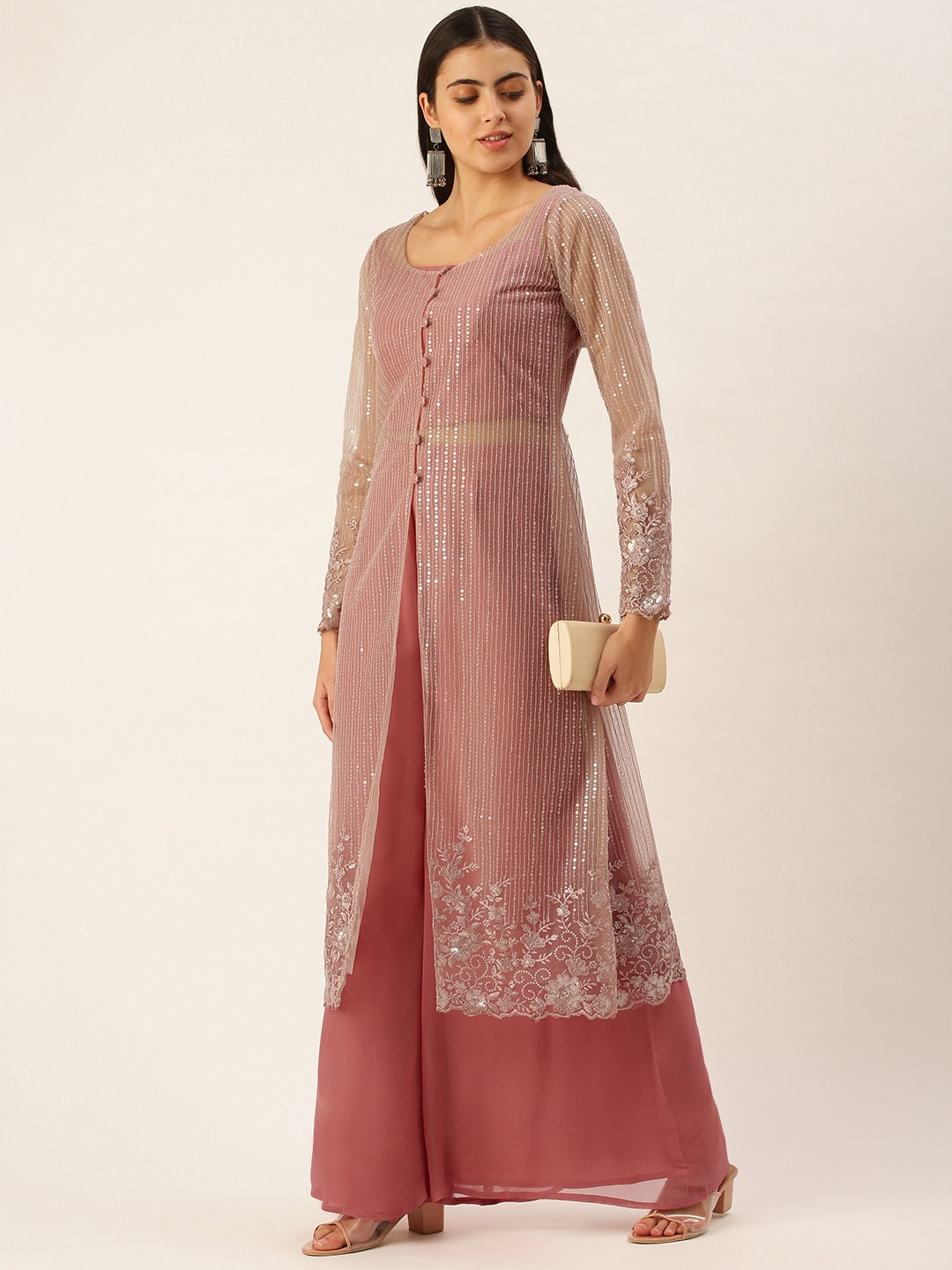 

Ethnovog Women Pink Sequinned Made To Measure Kurta with Palazzos Embellished Jacket