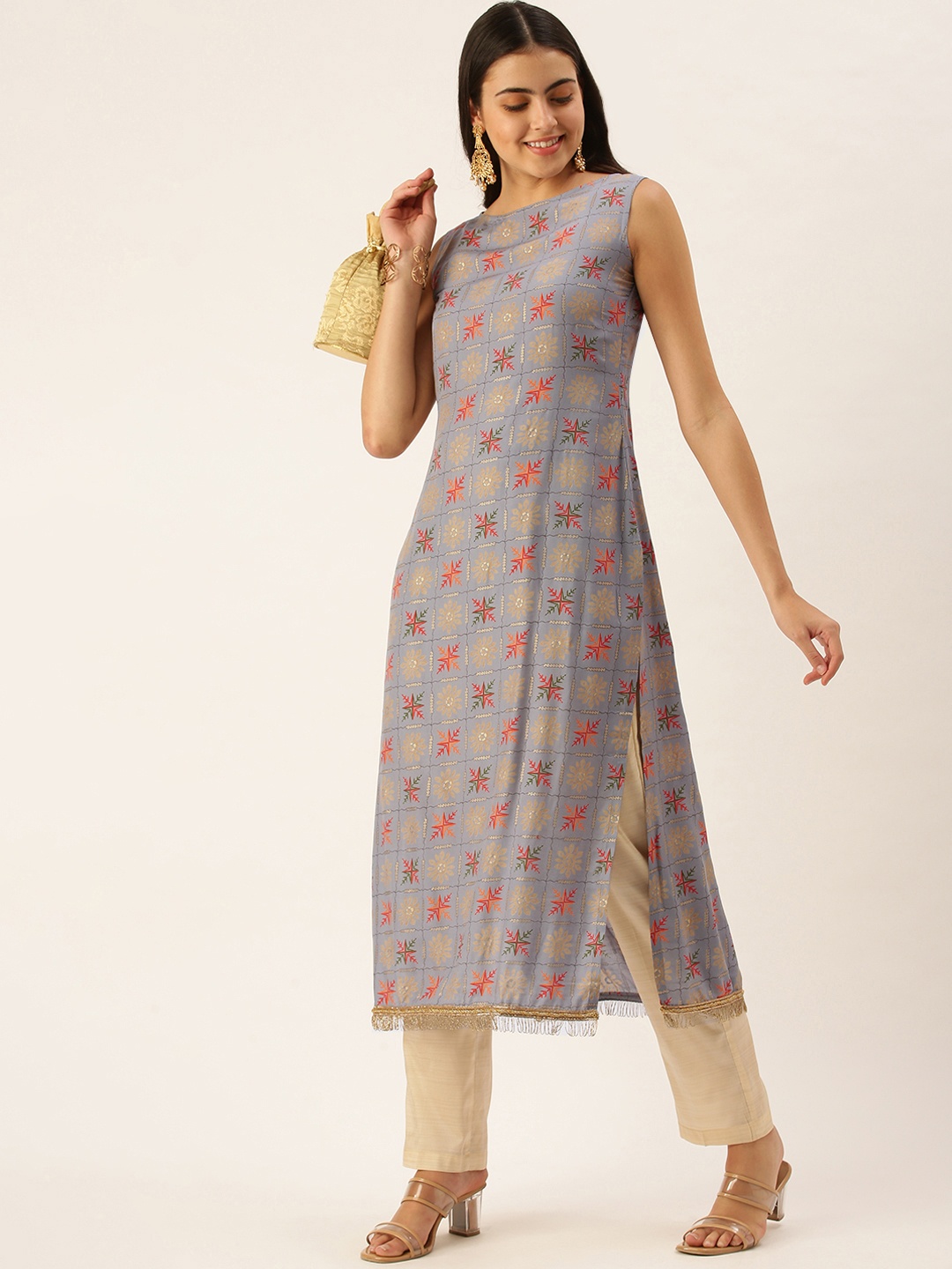 Ethnovog Women Blue Beige Ethnic Motifs Foil Print Made To Measure Kurta Trousers