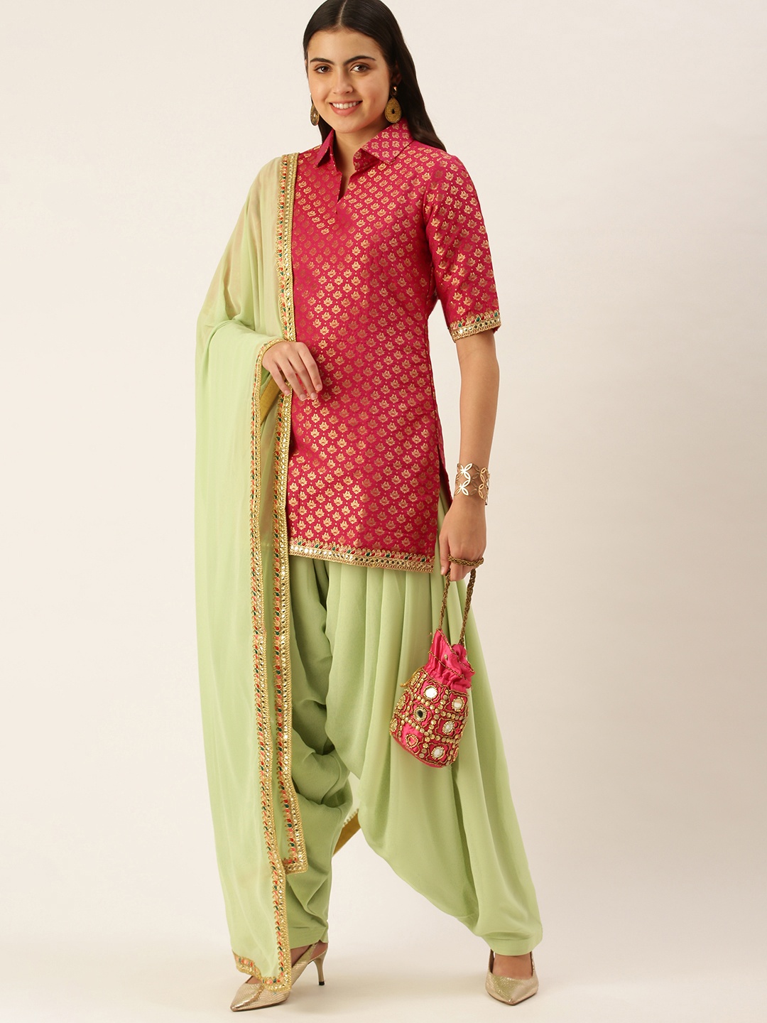 

Ethnovog Women Magenta Pink Ethnic Motifs Jacquard Made To Measure Kurti with Patiala