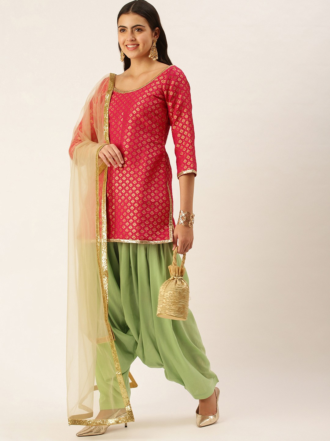 

Ethnovog Women Magenta Pink Ethnic Motifs Jacquard Made To Measure Kurti with Patiala