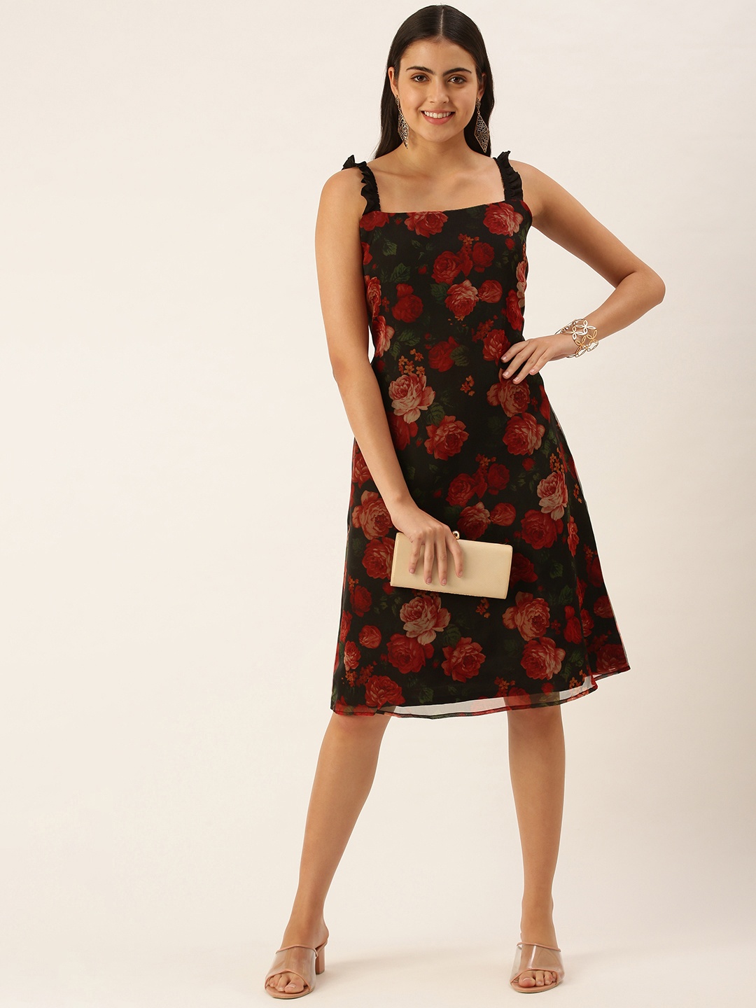

Ethnovog Black Red Digital Floral Print Shoulder Straps Made To Measure A-Line Dress