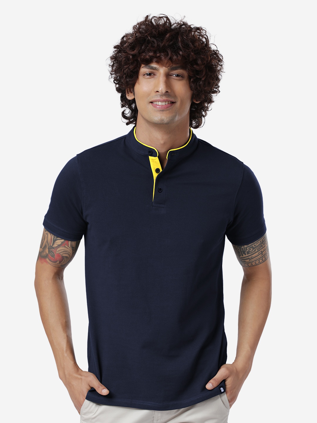 

The Souled Store Men Blue Mandarin Collar T-shirt