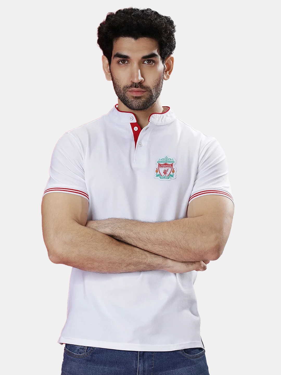 

The Souled Store Men White Mandarin Collar Applique Liverpool T-shirt