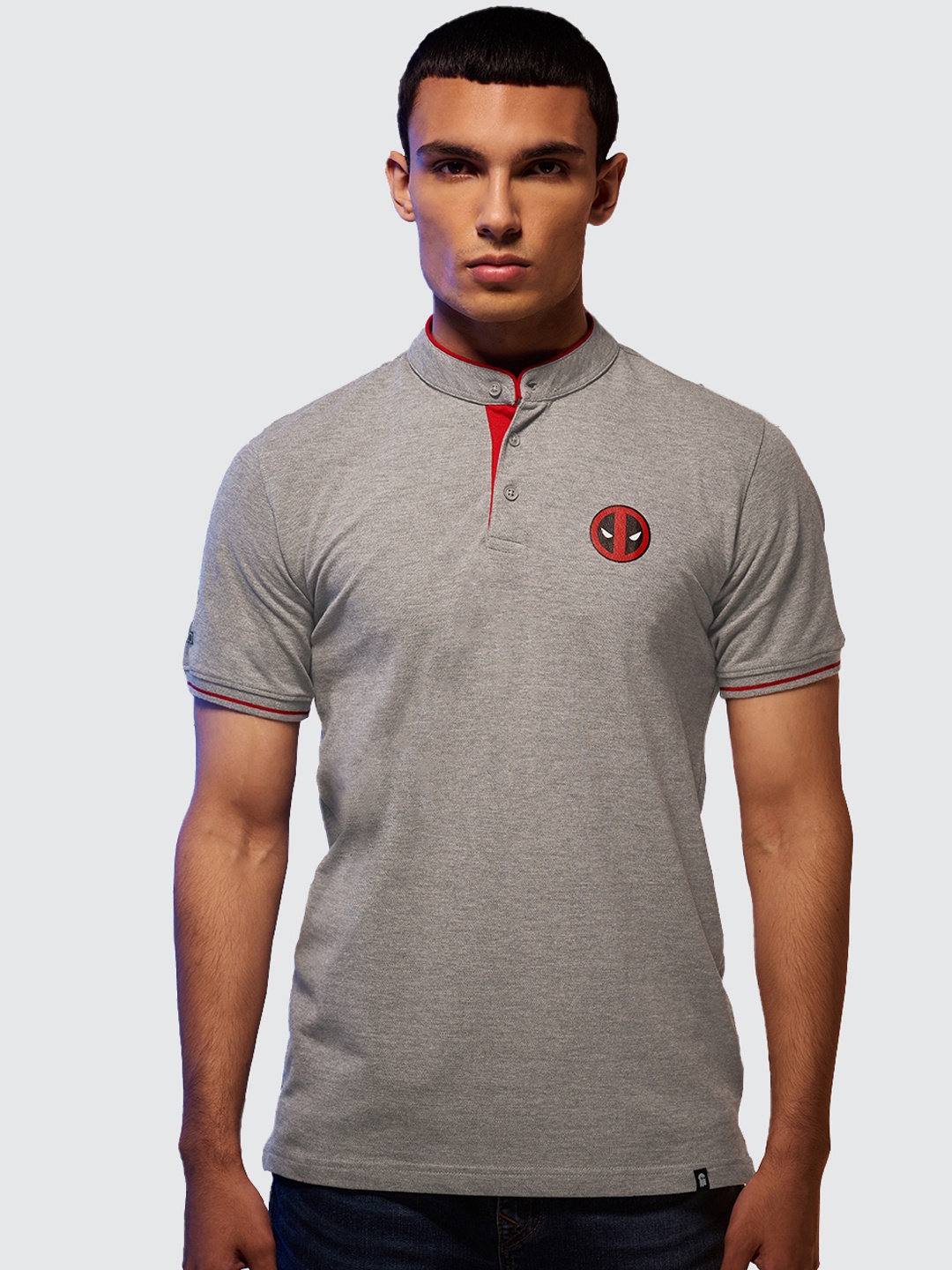 

The Souled Store Men Grey Mandarin Collar T-shirt