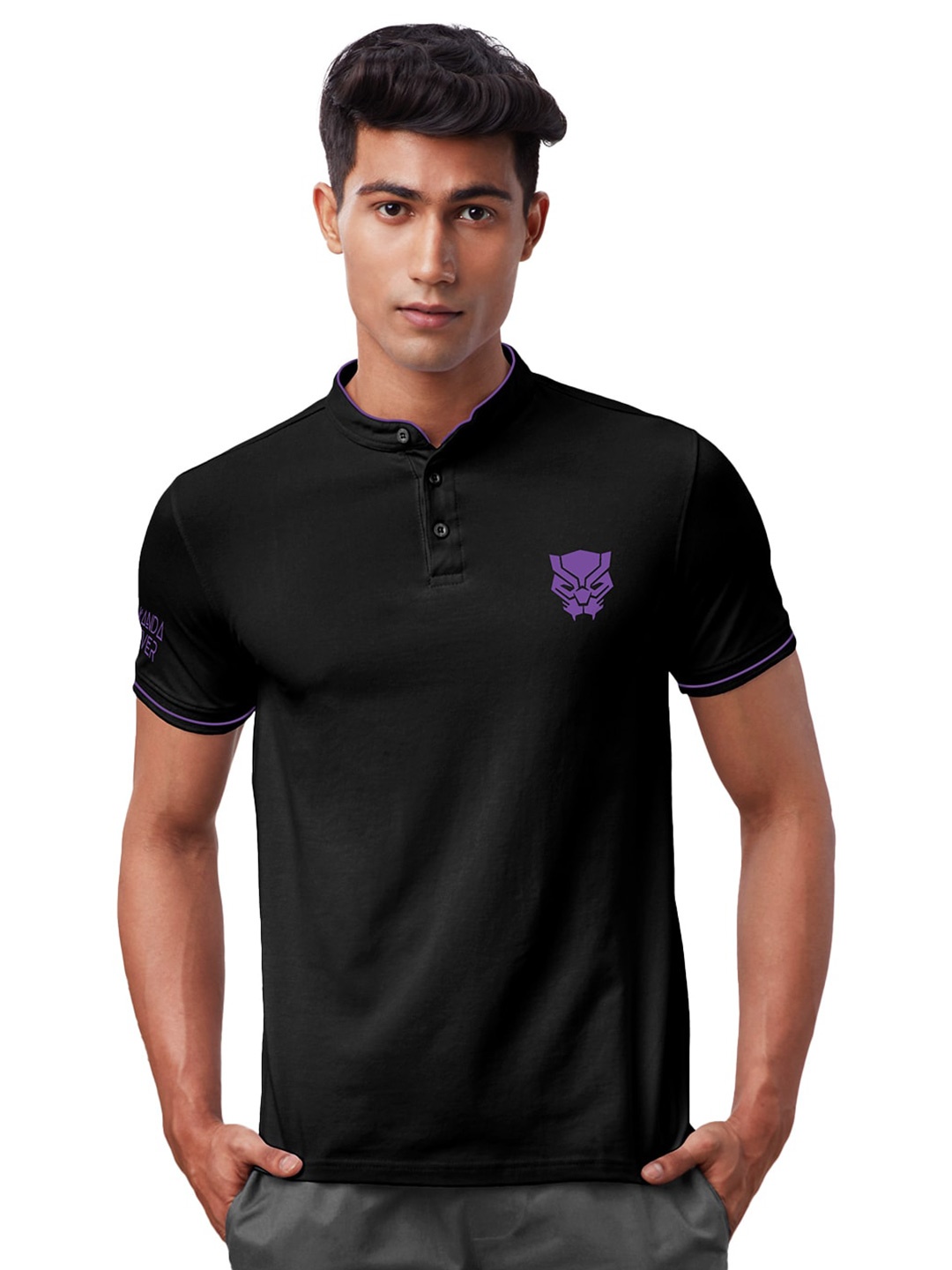 

The Souled Store Men Black Polo Collar Black Panther Logo Cotton T-shirt