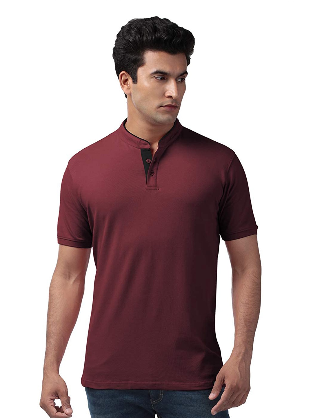 

The Souled Store Men Maroon Mandarin Collar Cotton T-shirt