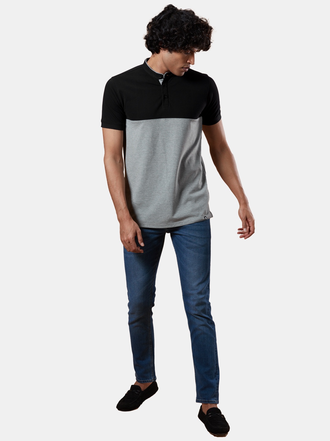 

The Souled Store Men Black & Grey Colourblocked Mandarin Collar Cotton T-shirt