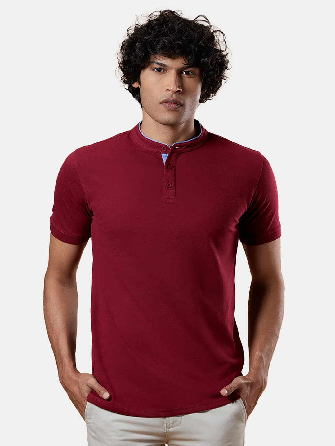

The Souled Store Men Maroon Mandarin Collar Pockets T-shirt