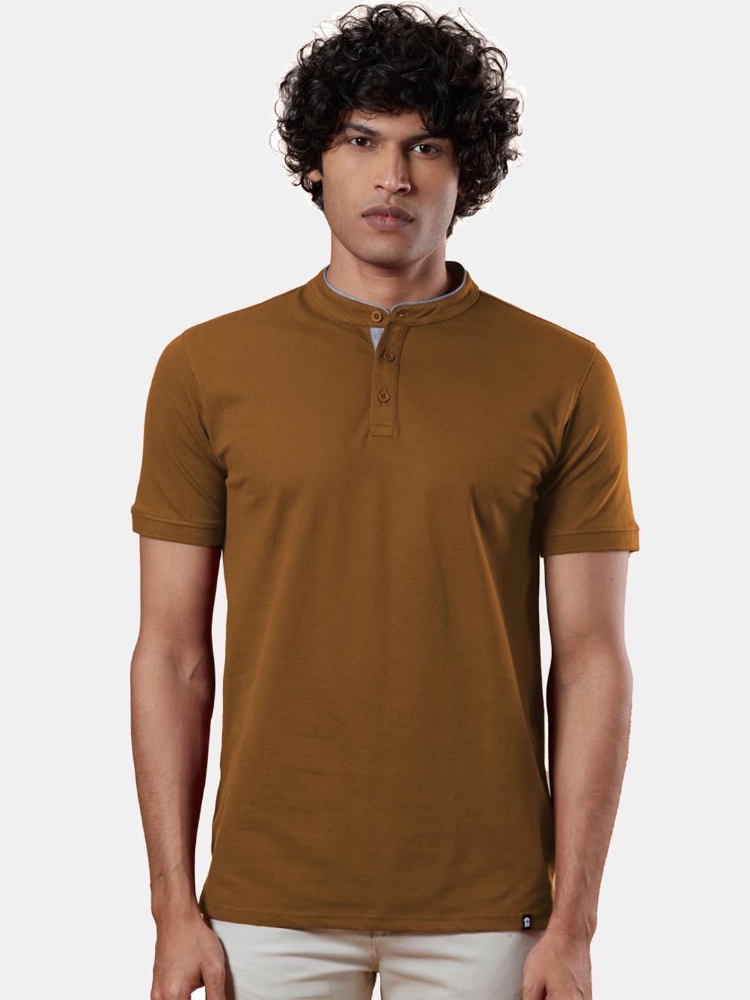 

The Souled Store Men Brown Mandarin Collar Cotton T-shirt