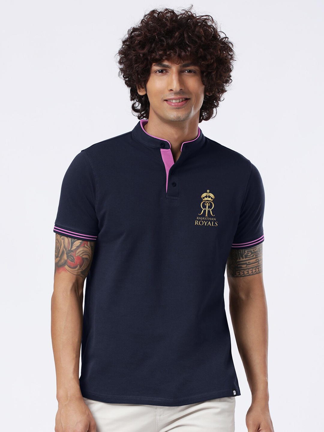 

The Souled Store Men Black Typography Mandarin Collar Applique Cotton T-shirt