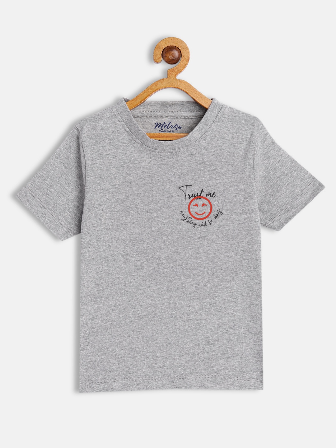 

METRO KIDS COMPANY Boys Grey Melange Solid T-shirt with Printed Detail