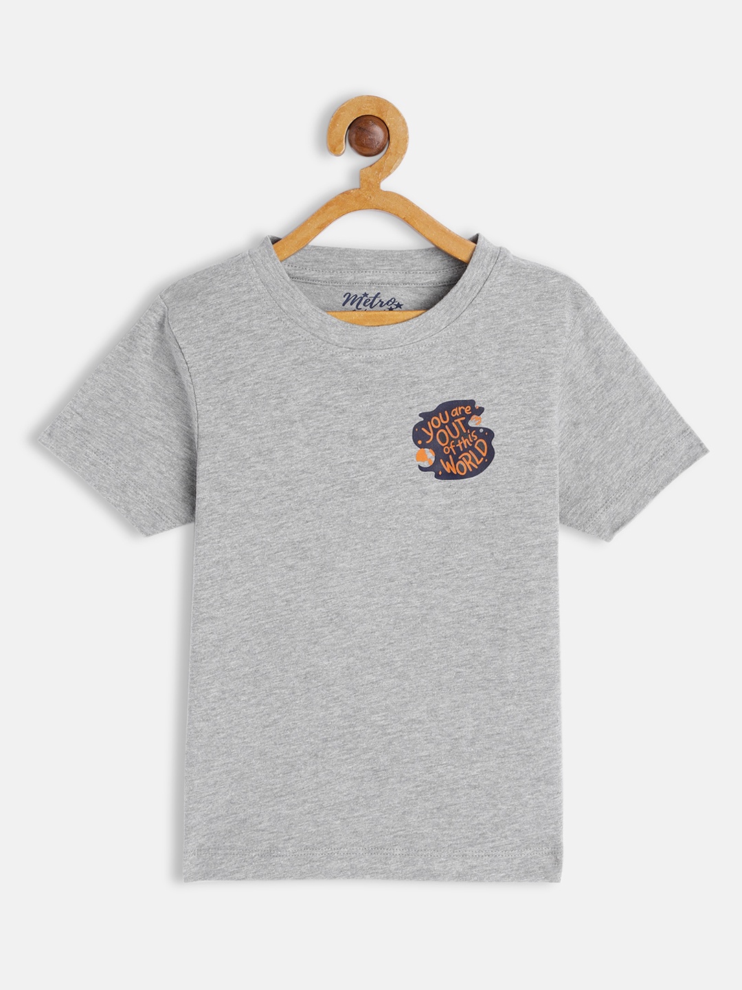 

METRO KIDS COMPANY Boys Grey Melange Solid T-shirt with Printed Detail
