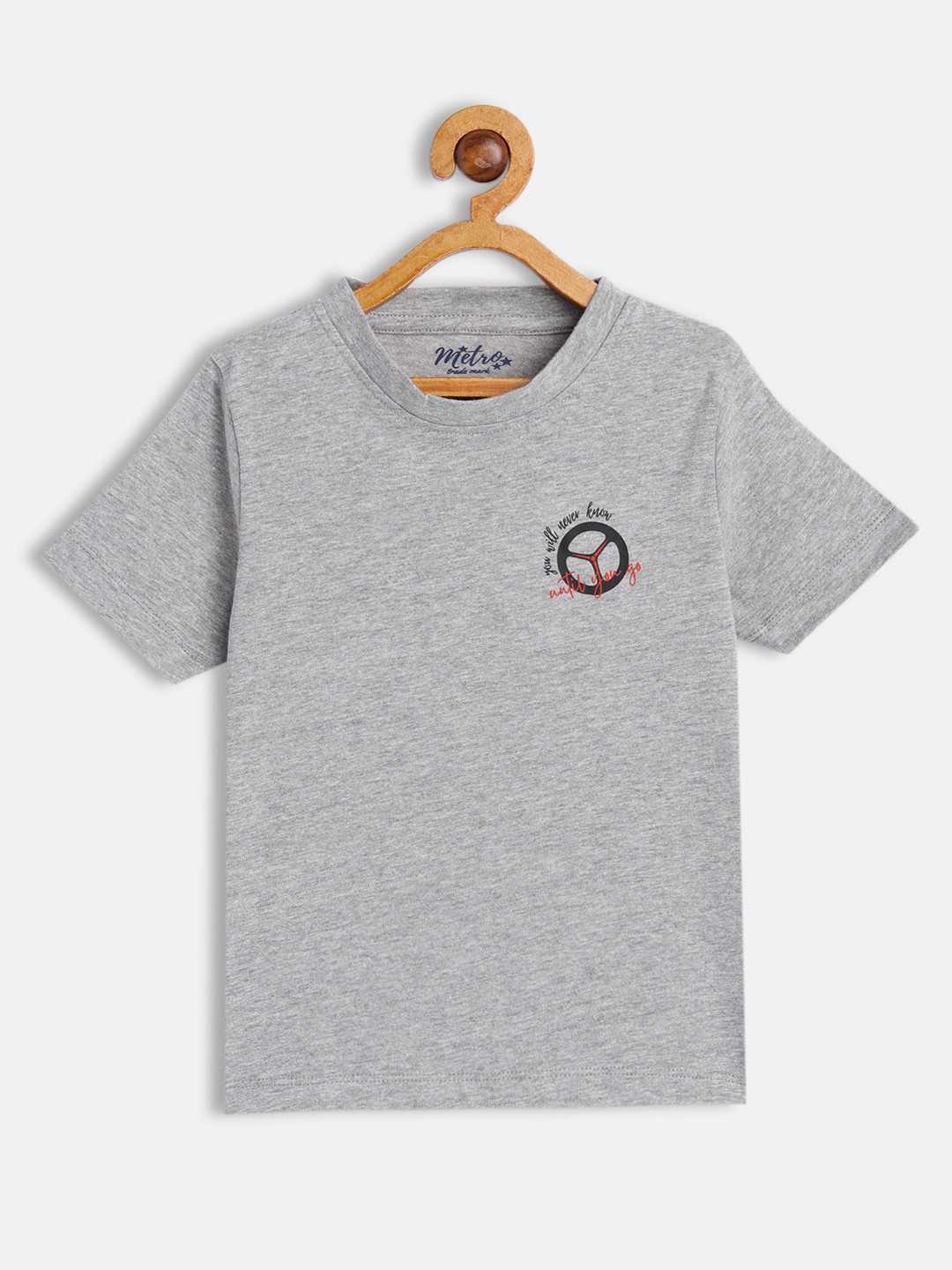 

METRO KIDS COMPANY Boys Grey Melange Solid T-shirt with Printed Detail