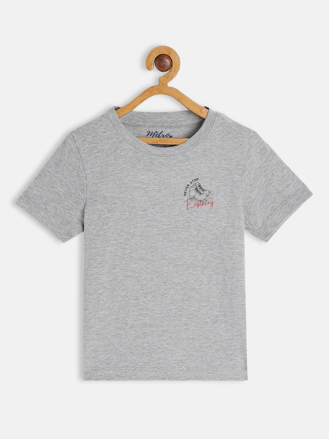 

METRO KIDS COMPANY Boys Grey Melange Solid T-shirt with Printed Detail