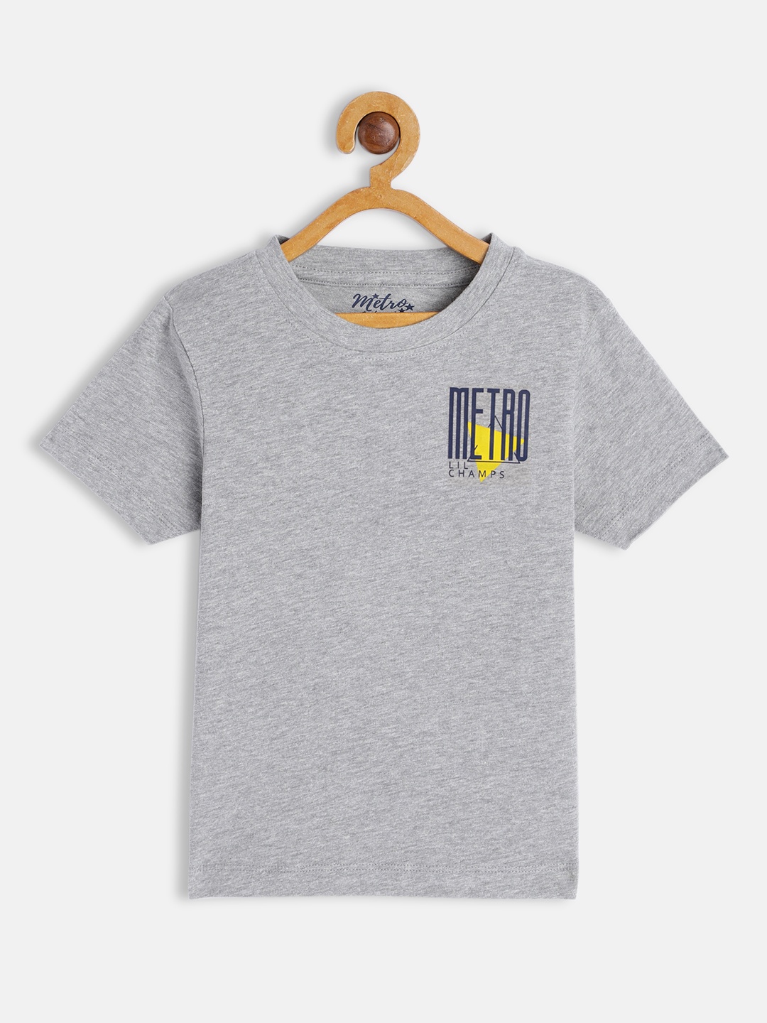 

METRO KIDS COMPANY Boys Grey Melange Solid T-shirt with Printed Detail