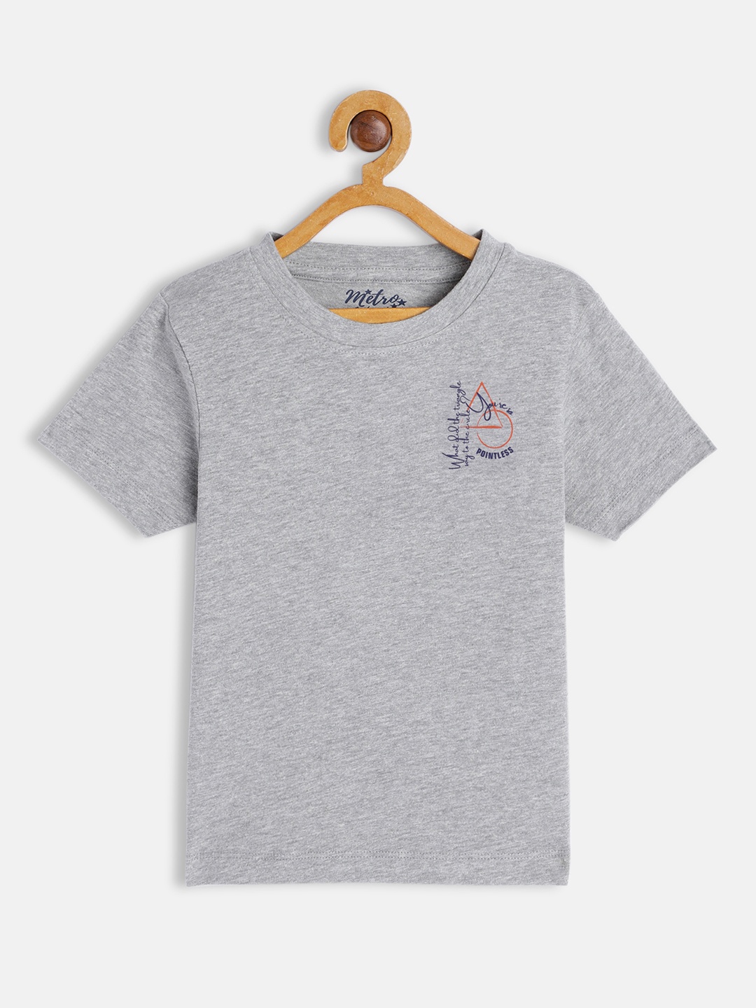 

METRO KIDS COMPANY Boys Grey Melange Solid T-shirt with Printed Detail