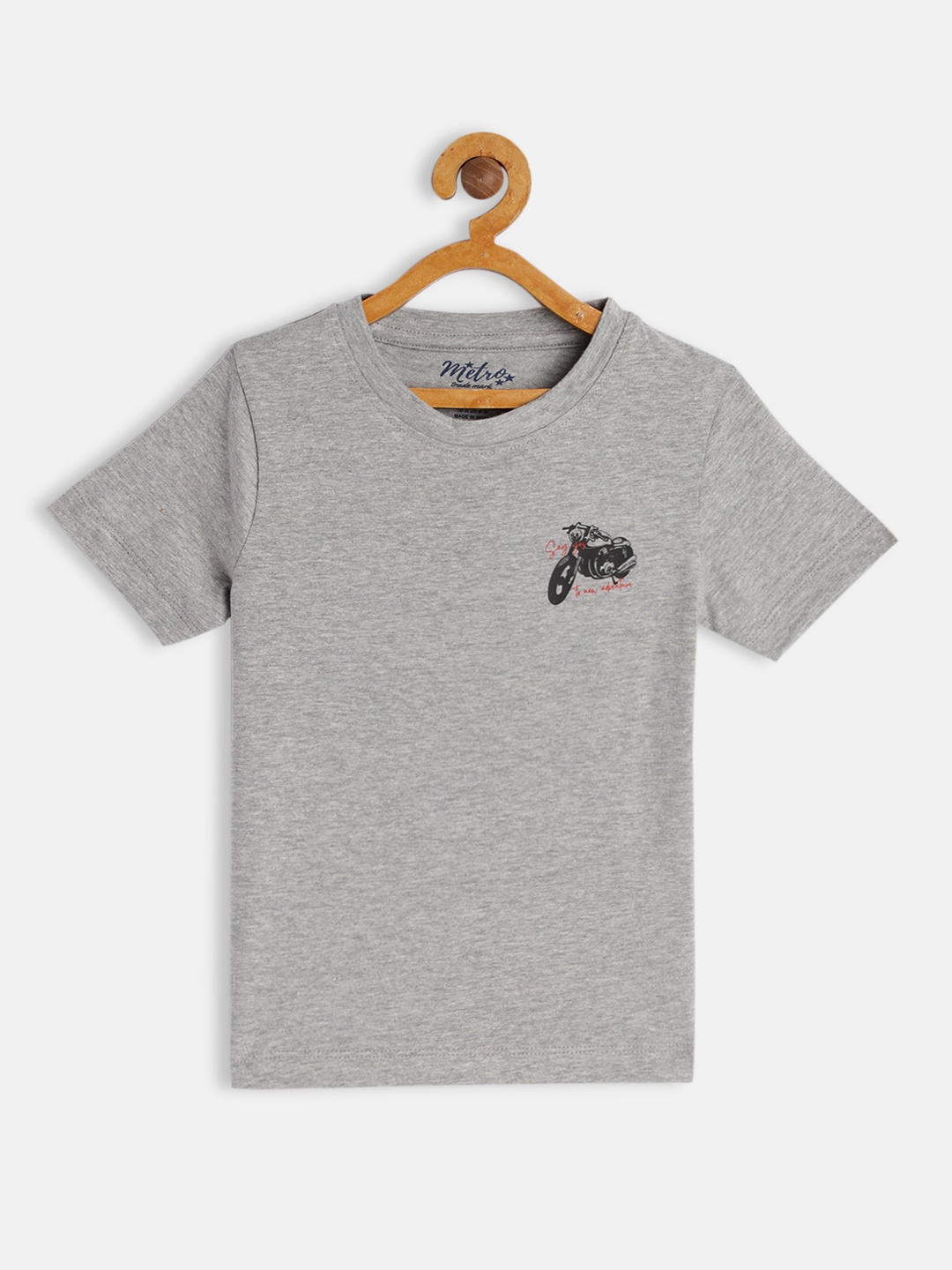

METRO KIDS COMPANY Boys Grey Melange Solid T-shirt with Printed Detail